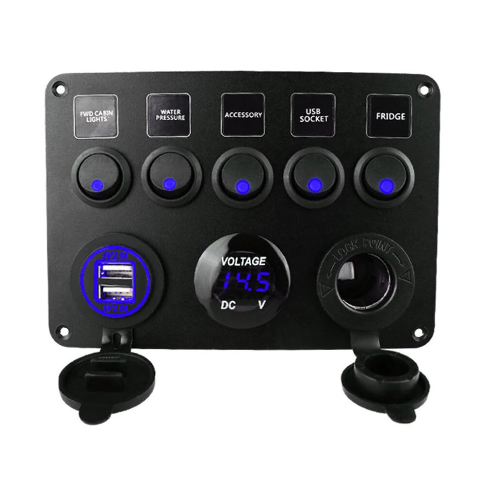 Car Boat Switch Panel Waterproof Digital Voltmeter Dual USB Port 12V Outlet Combination Marine LED Rocker 5 Gang — view 2