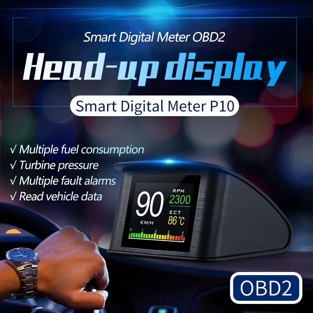 Car HUD Head-Up Display High Definition OBD2 Portable LCD Driving Display Smart Digital Meter Alarm System Speedometer Mileage Water Temperature Turbo Pressure Gauges — view 3