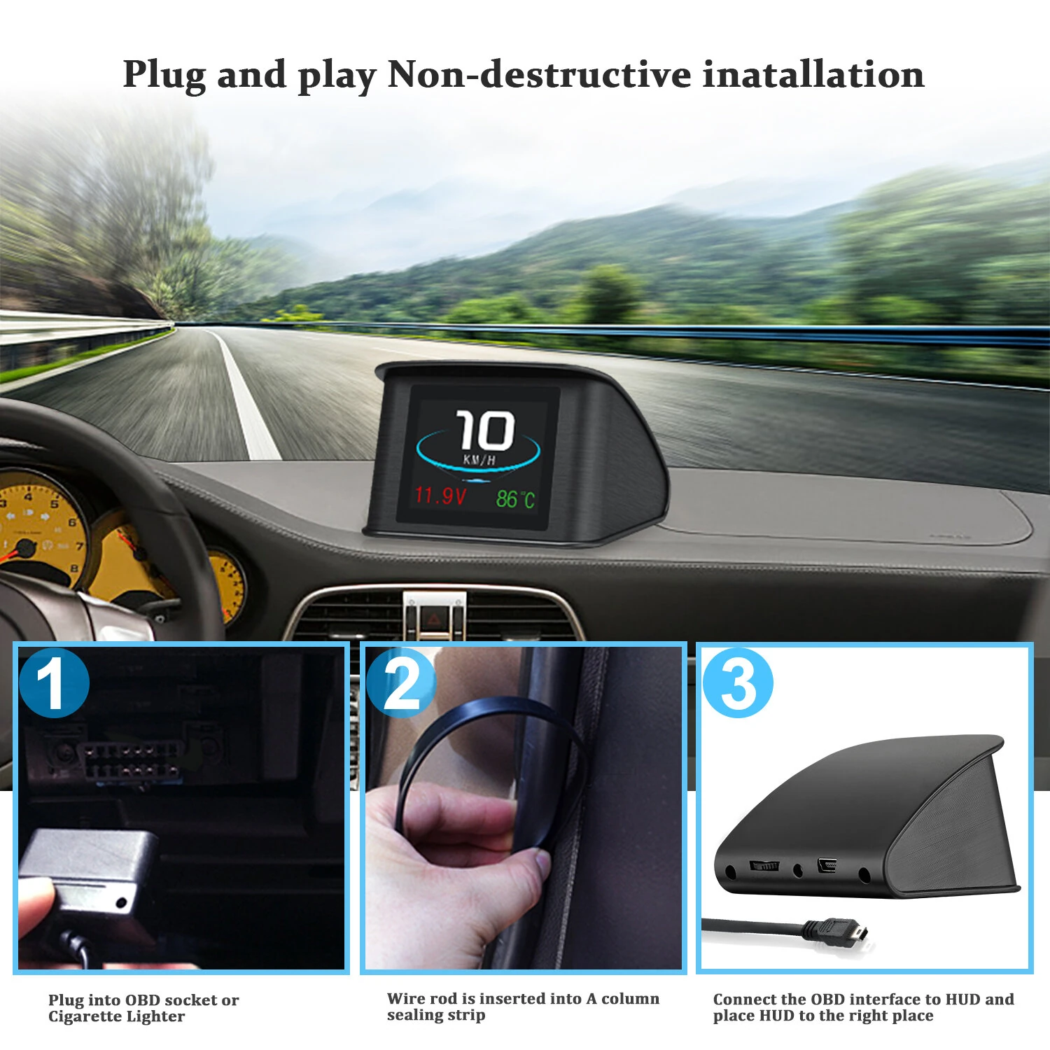 Car HUD Head-Up Display High Definition OBD2 Portable LCD Driving Display Smart Digital Meter Alarm System Speedometer Mileage Water Temperature Turbo Pressure Gauges — view 9