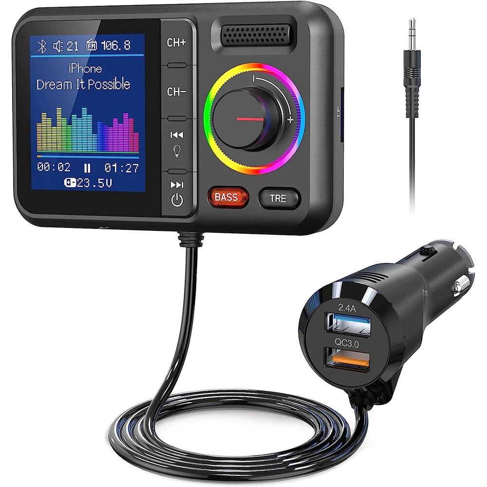 Car MP3 Bluetooth Player Large Screen Card USB Bluetooth FM Transmitter for Hand Free Driving Car Charger Compatible with  Voice Assistant