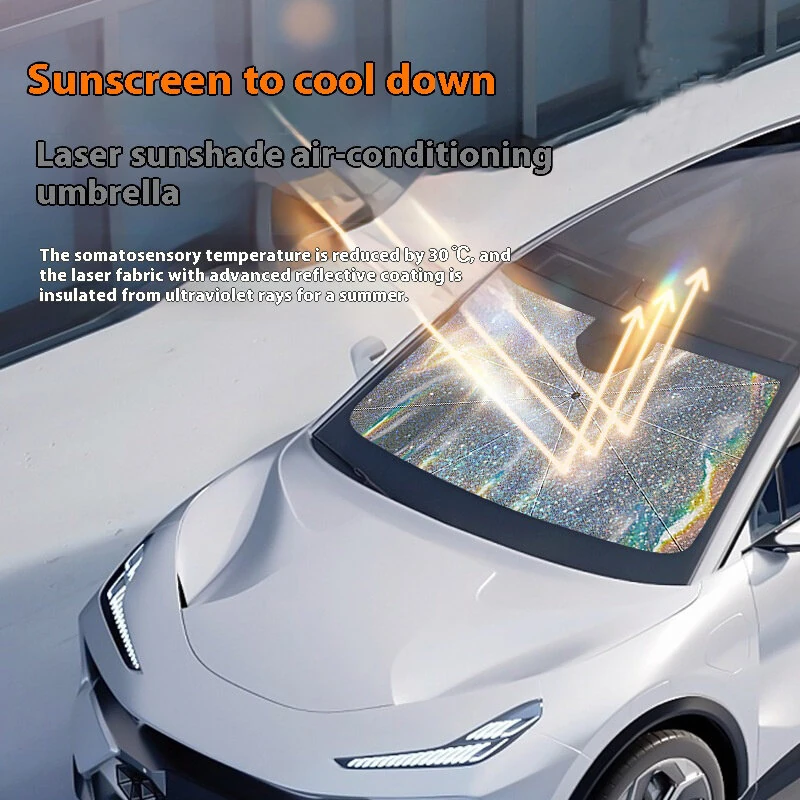 Chameleon Foldable Car Front Windshield Sunshade Umbrella UV-Reflective Laser Car Sunshade Cover Colorful Heat Insulation Silver Gel Windscreen Car Sunscreen with 360° Rotatable Handle — view 3