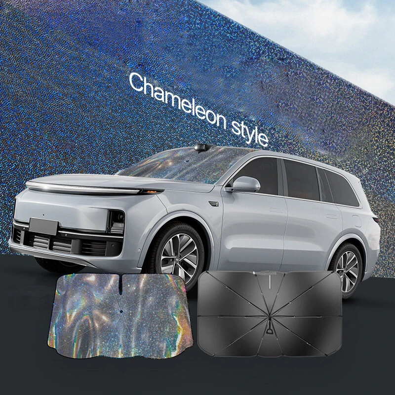 Chameleon Foldable Car Front Windshield Sunshade Umbrella UV-Reflective Laser Car Sunshade Cover Colorful Heat Insulation Silver Gel Windscreen Car Sunscreen with 360° Rotatable Handle — view 6