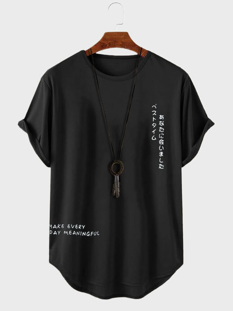 ChArmkpR Mens Japanese Letter Print Curved Hem Casual Short Sleeve T-Shirts — view 3