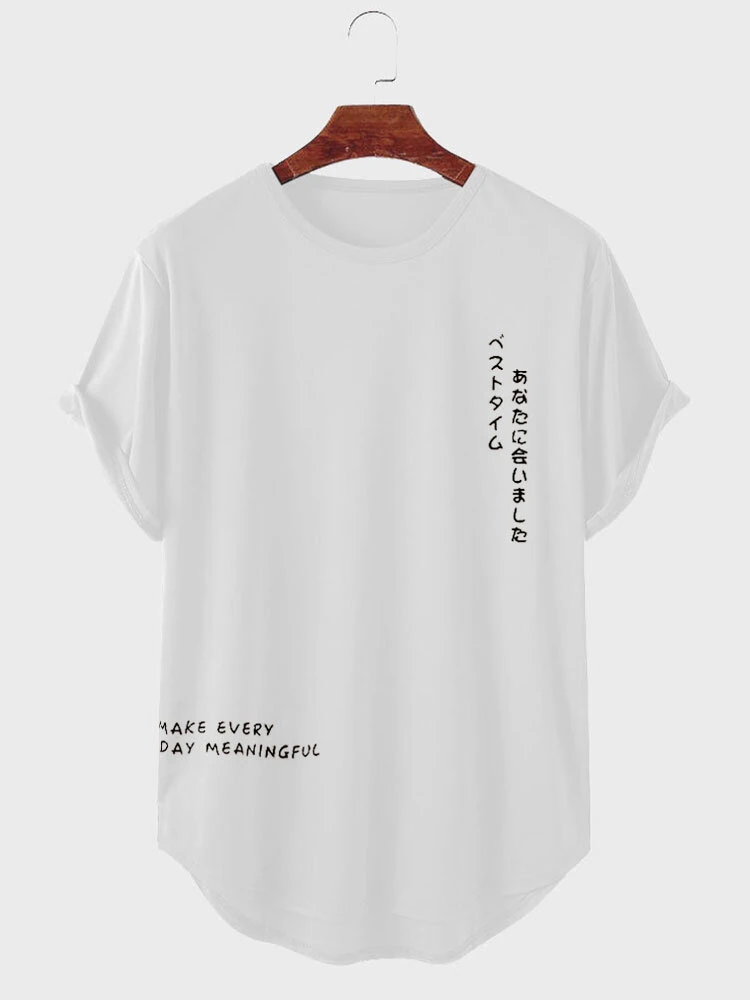 ChArmkpR Mens Japanese Letter Print Curved Hem Casual Short Sleeve T-Shirts — view 4