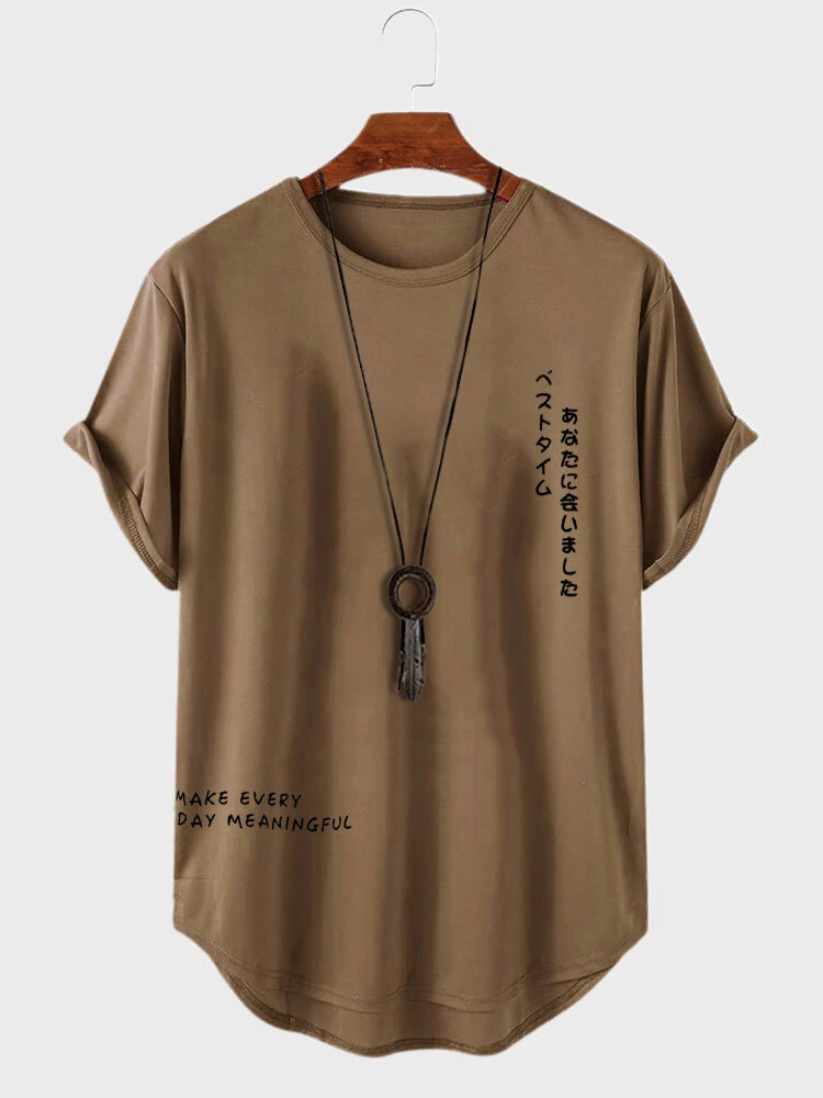 ChArmkpR Mens Japanese Letter Print Curved Hem Casual Short Sleeve T-Shirts — view 8