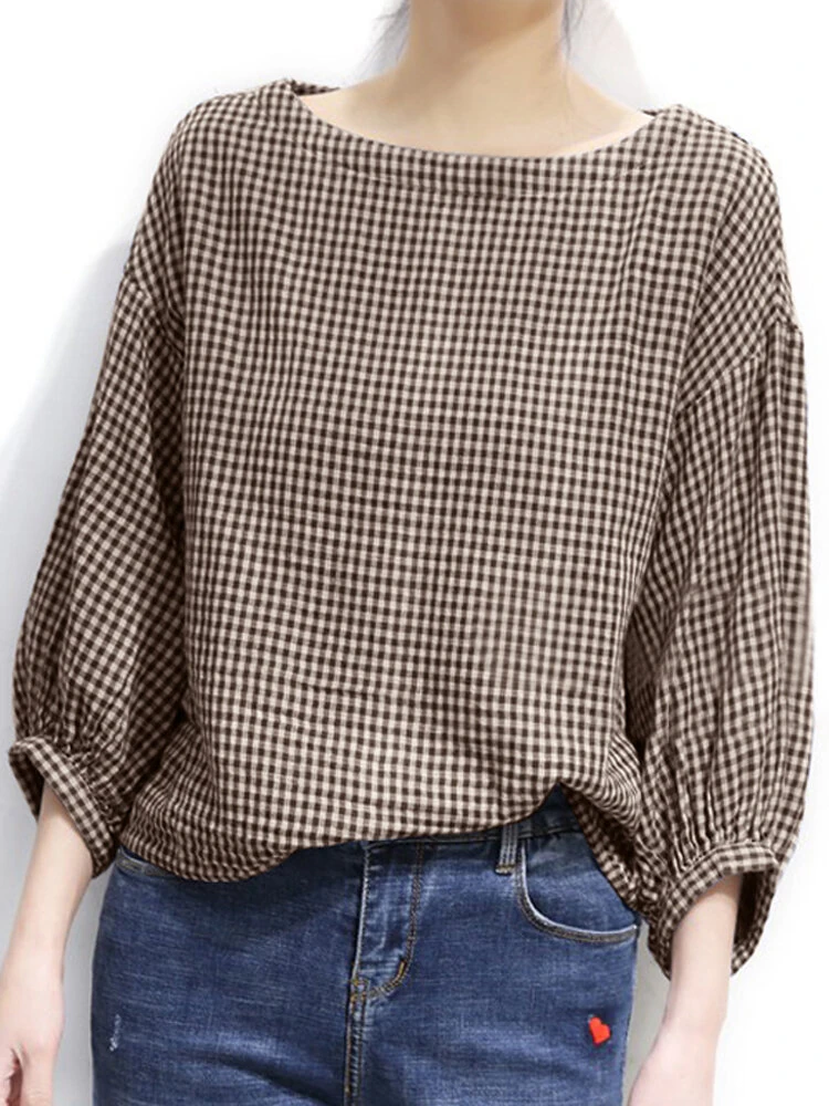 Check Pattern Puff Sleeve Crew Neck Casual Blouse — view 2