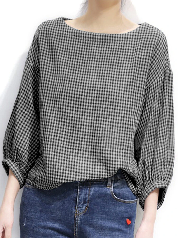 Check Pattern Puff Sleeve Crew Neck Casual Blouse — view 3