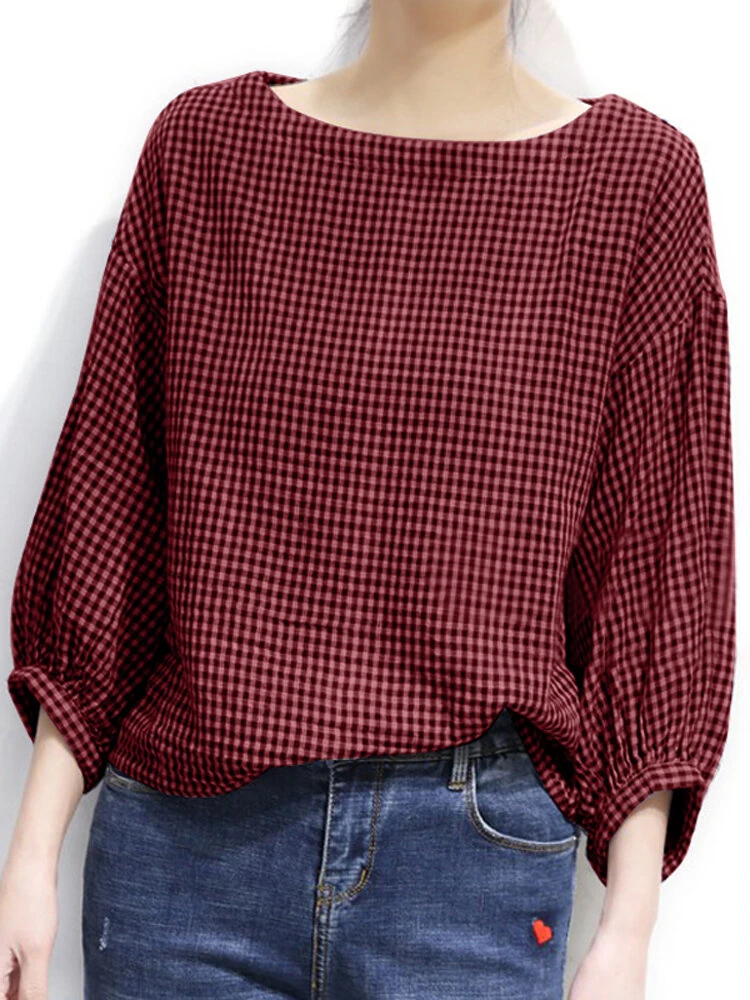 Check Pattern Puff Sleeve Crew Neck Casual Blouse — view 4