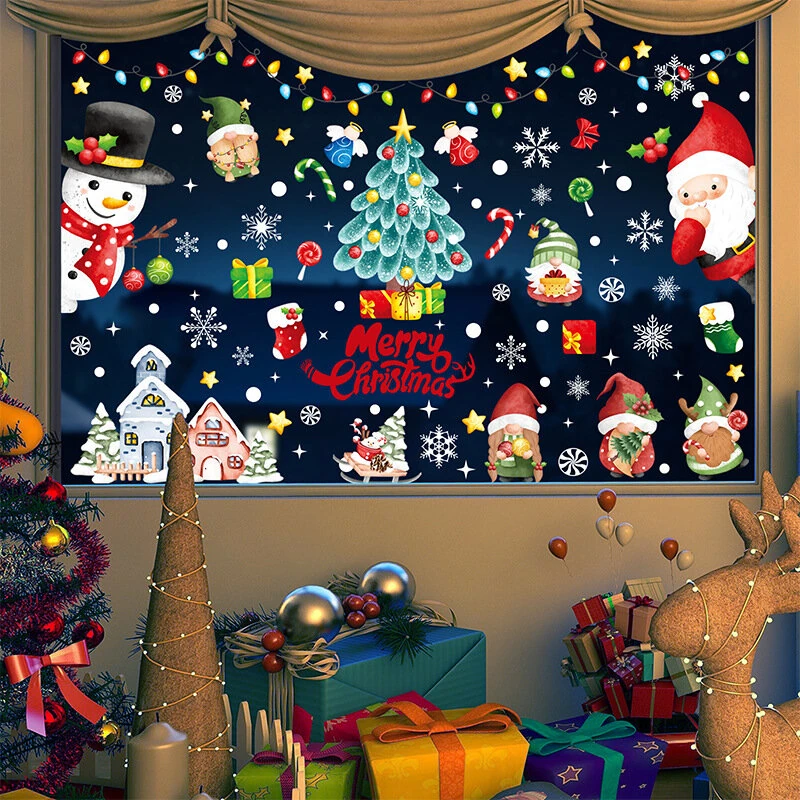 Christmas Static Window Stickers Festive Holiday Decoration Decals Hand-Painted Santa Claus Christmas Tree Stickers Christmas Holiday Decoration Stickers — view 2