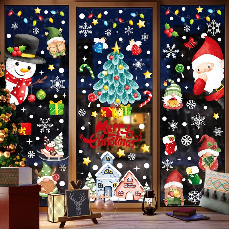 Christmas Static Window Stickers Festive Holiday Decoration Decals Hand-Painted Santa Claus Christmas Tree Stickers Christmas Holiday Decoration Stickers — view 3