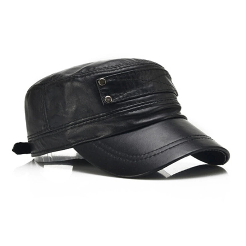 Collrown Genuine Sheepskin Leather Cap Men's Flat Cap Adjustable Outdoor Casual Black Caps for Spring Fall — view 2