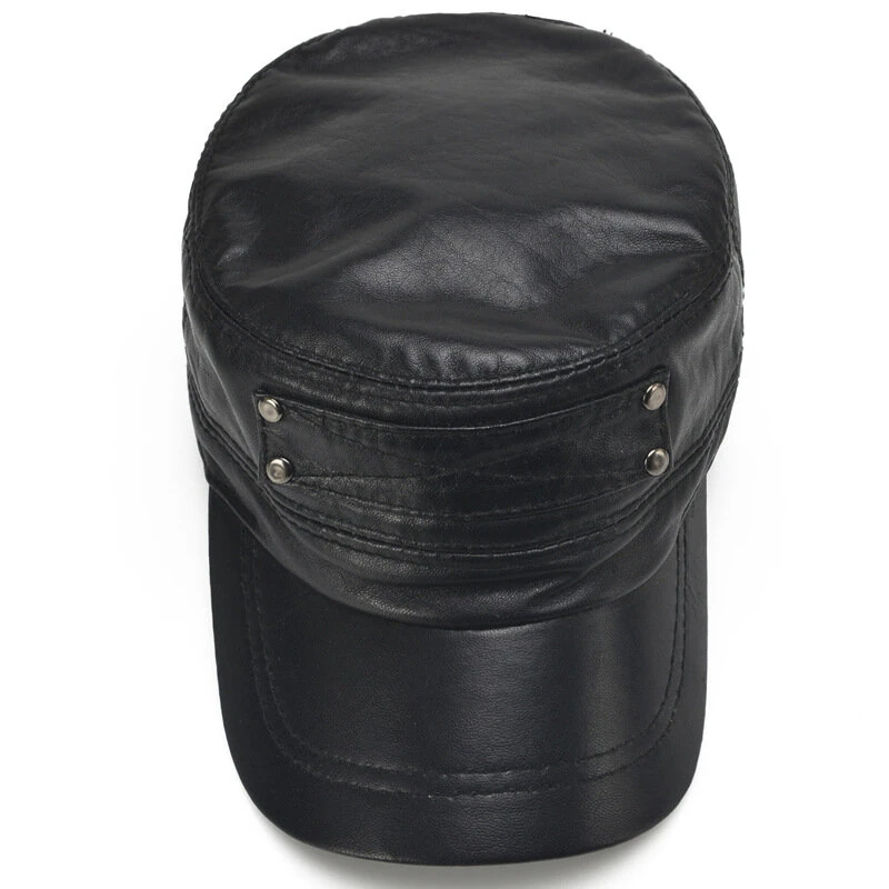 Collrown Genuine Sheepskin Leather Cap Men's Flat Cap Adjustable Outdoor Casual Black Caps for Spring Fall — view 3