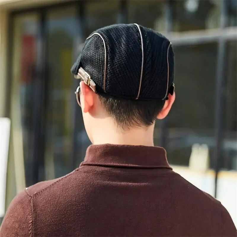 Collrown Knitted Berets Patchwork Leather Brim Men Flat Cap Retro Visor Hat Autumn Winter Warmer Casual Crochet Hat Forward Cap — view 10