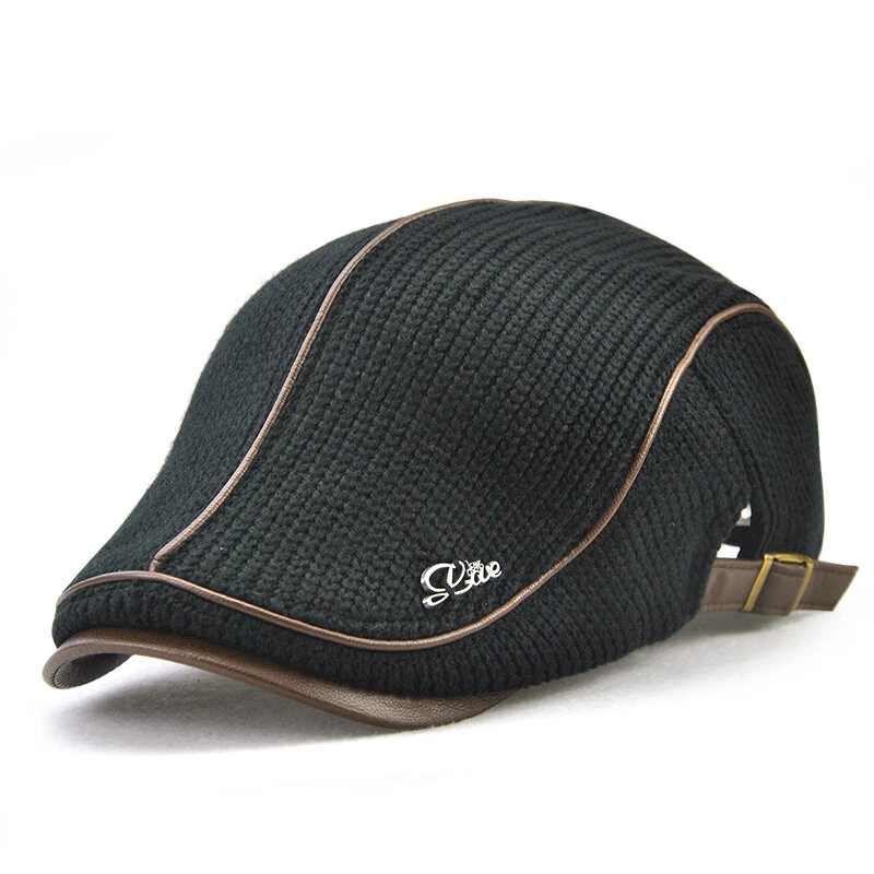 Collrown Knitted Berets Patchwork Leather Brim Men Flat Cap Retro Visor Hat Autumn Winter Warmer Casual Crochet Hat Forward Cap — view 11