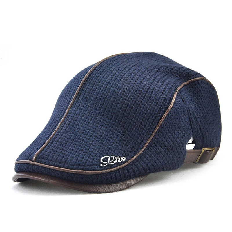 Collrown Knitted Berets Patchwork Leather Brim Men Flat Cap Retro Visor Hat Autumn Winter Warmer Casual Crochet Hat Forward Cap — view 2