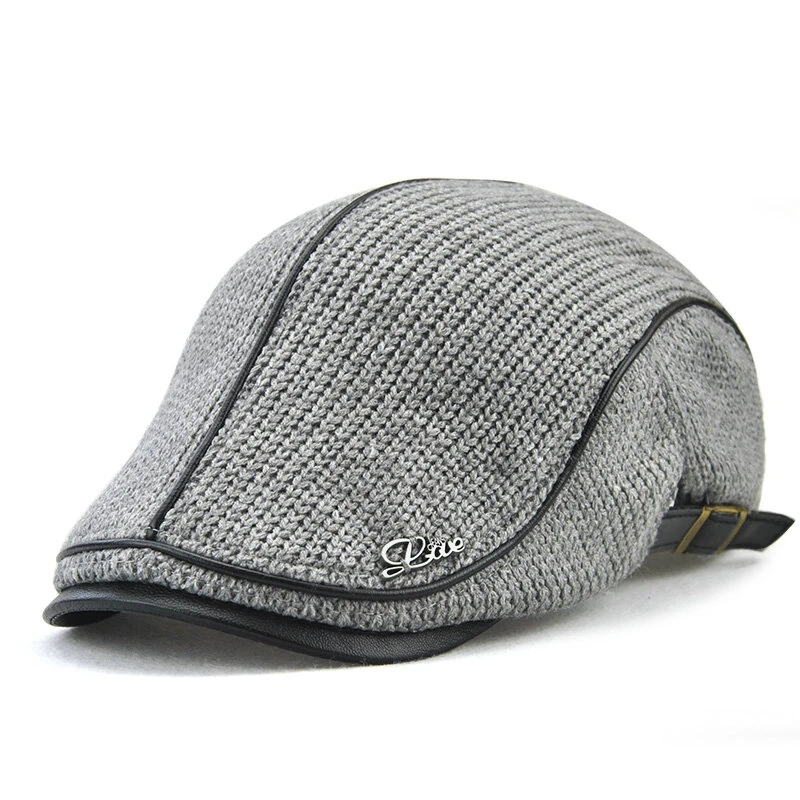 Collrown Knitted Berets Patchwork Leather Brim Men Flat Cap Retro Visor Hat Autumn Winter Warmer Casual Crochet Hat Forward Cap — view 3