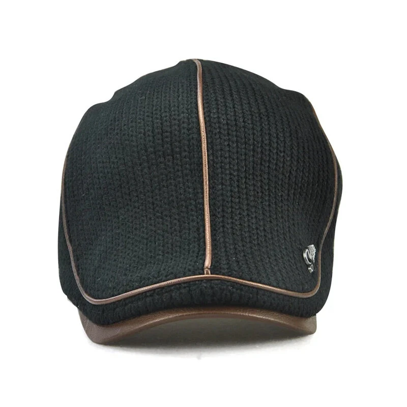 Collrown Knitted Berets Patchwork Leather Brim Men Flat Cap Retro Visor Hat Autumn Winter Warmer Casual Crochet Hat Forward Cap — view 4