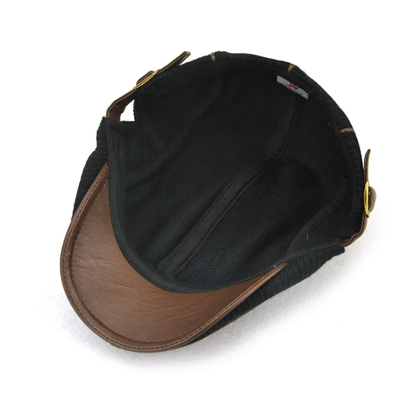 Collrown Knitted Berets Patchwork Leather Brim Men Flat Cap Retro Visor Hat Autumn Winter Warmer Casual Crochet Hat Forward Cap — view 7