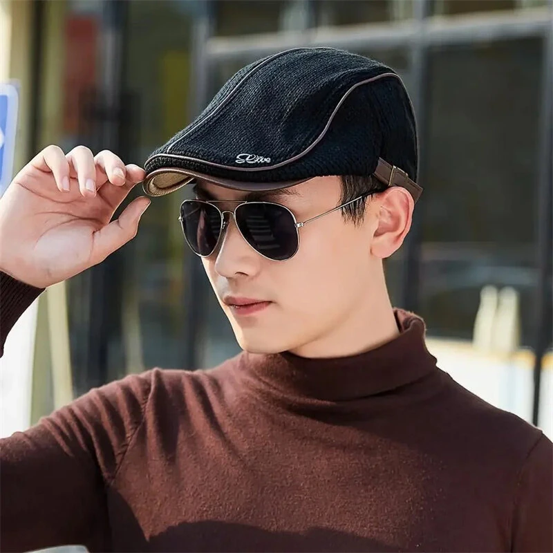 Collrown Knitted Berets Patchwork Leather Brim Men Flat Cap Retro Visor Hat Autumn Winter Warmer Casual Crochet Hat Forward Cap — view 8