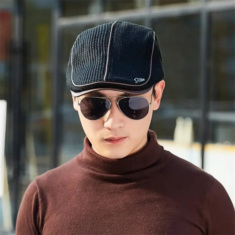 Collrown Knitted Berets Patchwork Leather Brim Men Flat Cap Retro Visor Hat Autumn Winter Warmer Casual Crochet Hat Forward Cap — view 9