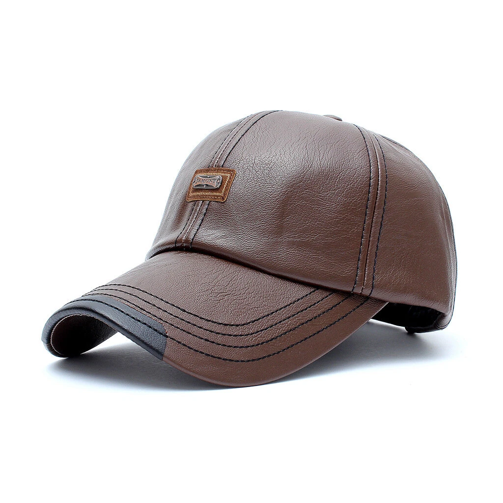 Collrown Men's Outdoor PU Leather Baseball Cap Casual Sun Hat Adjustable Sport Casual Visor Hat for Autumn Winter — view 2