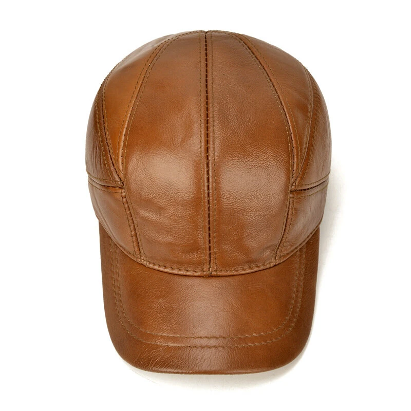 Collrown Mens Genuine Leather Baseball Cap with Hidden Earmuff for Fall Winter Outdoor Casual Warm Cow Leather Hat — view 4