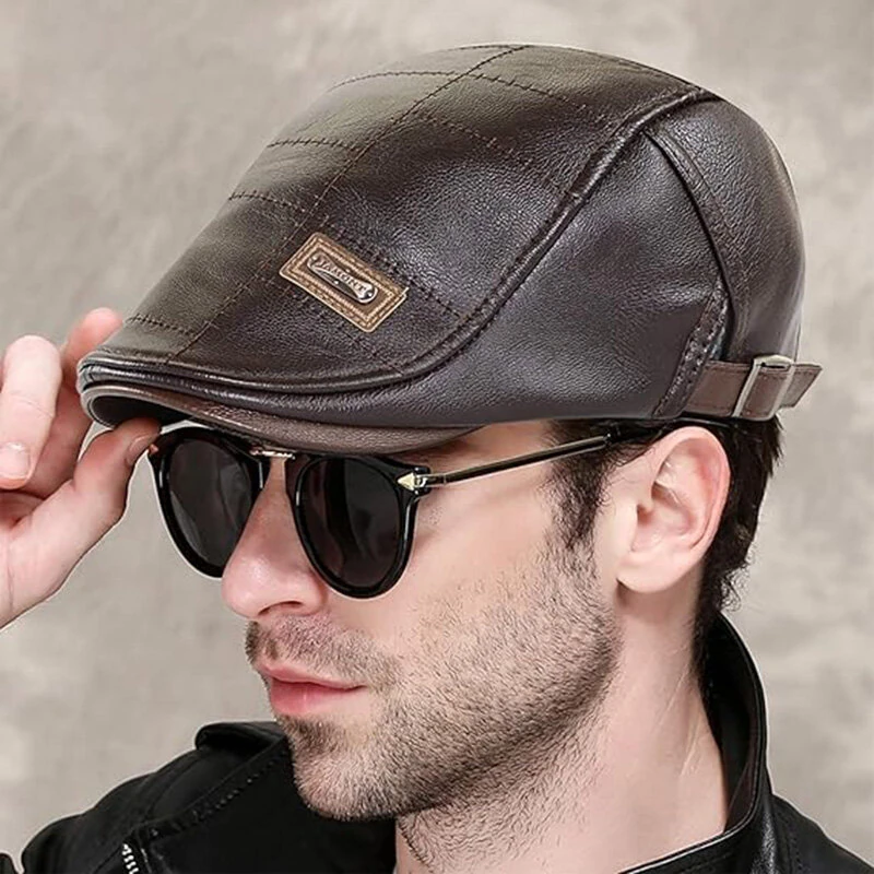 Collrown Vintage Berets Mens PU Leather Beret Hats Autumn Winter Adjustable Hats Men's Visor Warm Flat Peaked Cap Cabbie Hunting Thicken Hat — view 10