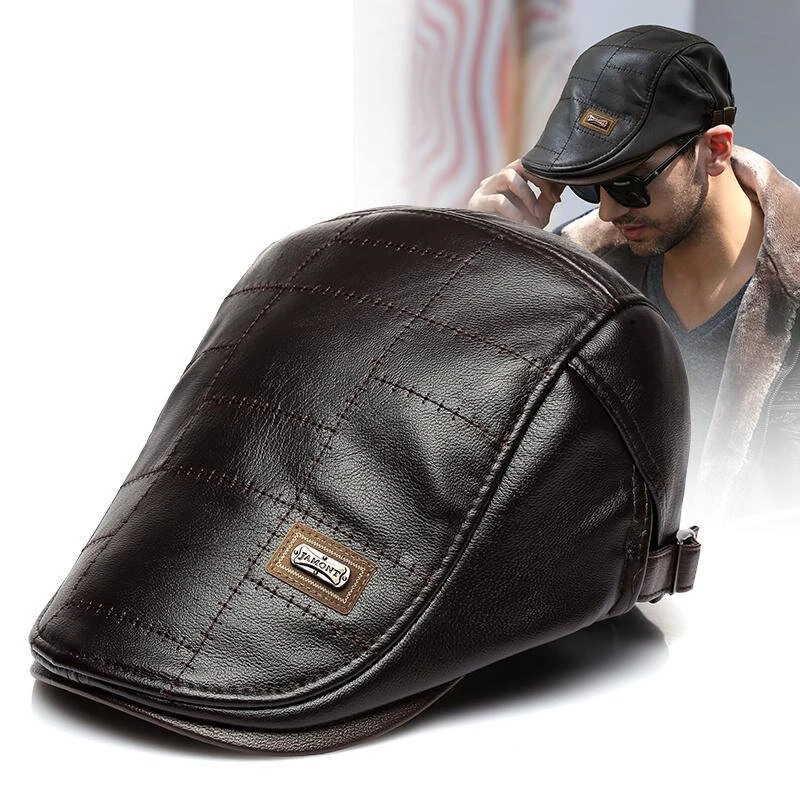 Collrown Vintage Berets Mens PU Leather Beret Hats Autumn Winter Adjustable Hats Men's Visor Warm Flat Peaked Cap Cabbie Hunting Thicken Hat — view 11