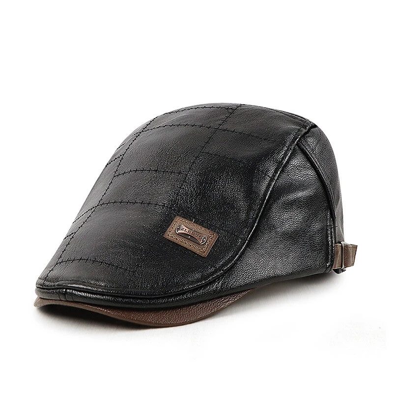 Collrown Vintage Berets Mens PU Leather Beret Hats Autumn Winter Adjustable Hats Men's Visor Warm Flat Peaked Cap Cabbie Hunting Thicken Hat — view 4