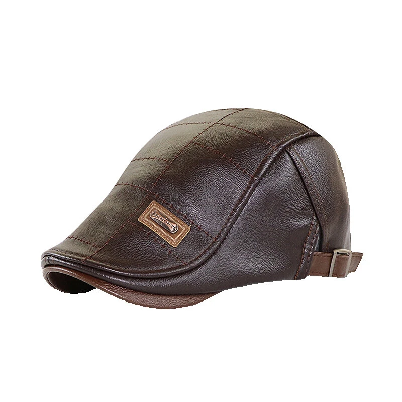 Collrown Vintage Berets Mens PU Leather Beret Hats Autumn Winter Adjustable Hats Men's Visor Warm Flat Peaked Cap Cabbie Hunting Thicken Hat — view 5