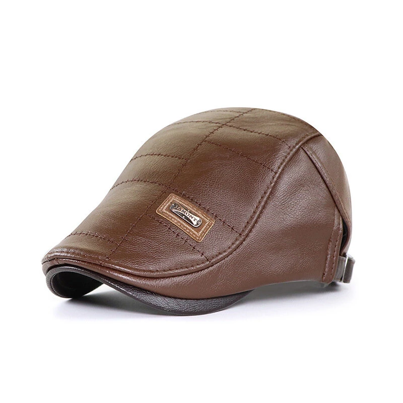 Collrown Vintage Berets Mens PU Leather Beret Hats Autumn Winter Adjustable Hats Men's Visor Warm Flat Peaked Cap Cabbie Hunting Thicken Hat — view 6