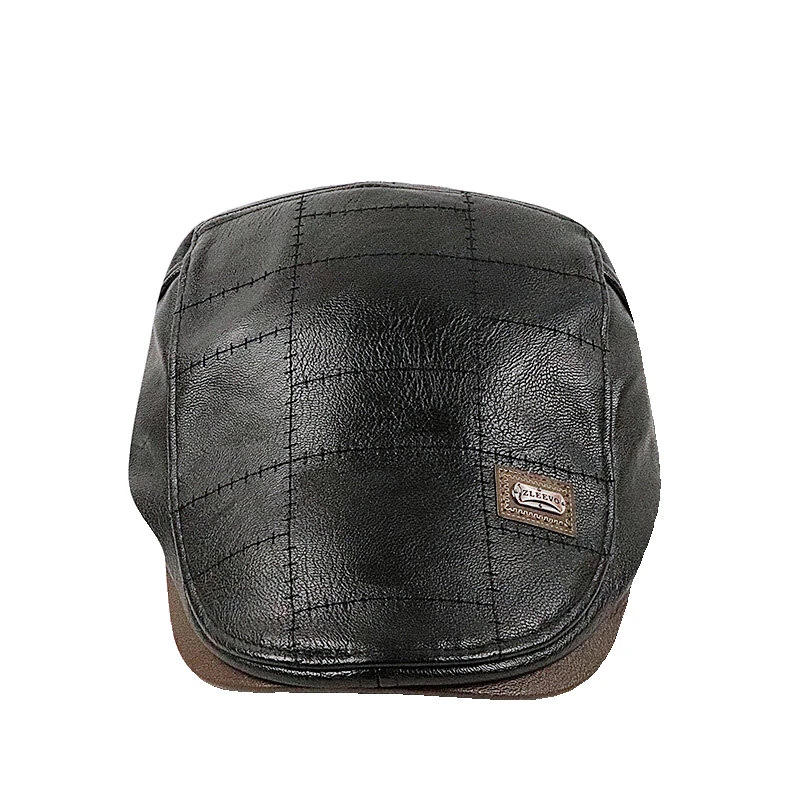 Collrown Vintage Berets Mens PU Leather Beret Hats Autumn Winter Adjustable Hats Men's Visor Warm Flat Peaked Cap Cabbie Hunting Thicken Hat — view 9