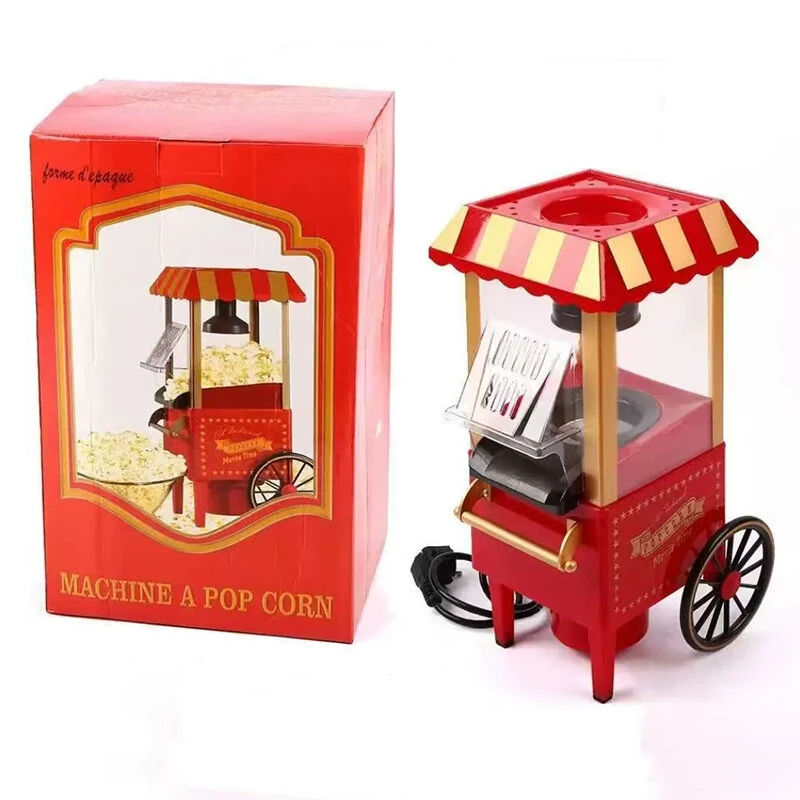 Comfook 1100W Mini Vintage Pushcart Popcorn Maker Home Use Machine with Wheels Transparent Chamber Easy Operation for Family Parties Movie Nights — Comfook