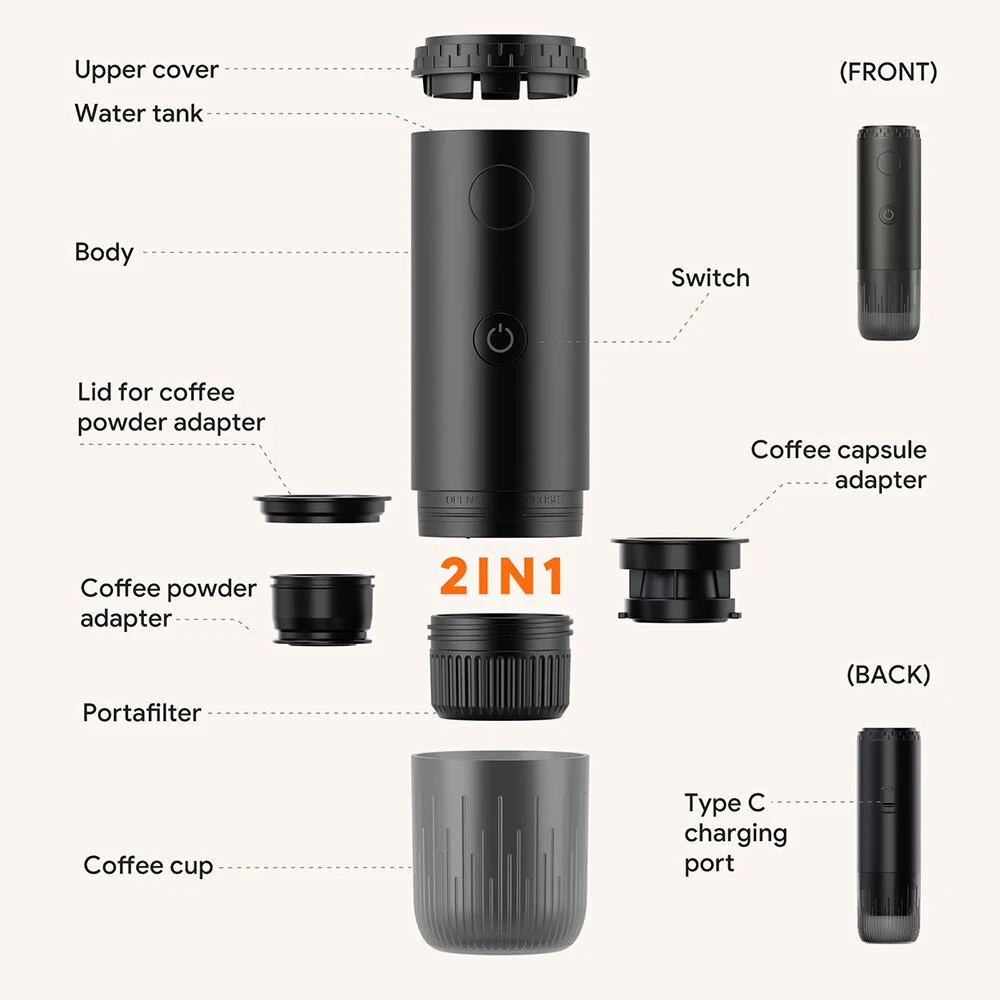 Comfook 2-in-1 Portable Espresso Maker with Cordless Heating 19Bar 85°C Brew 7800mAh Battery Compatible With Ground Coffee NS Capsules for Travel Use — view 9
