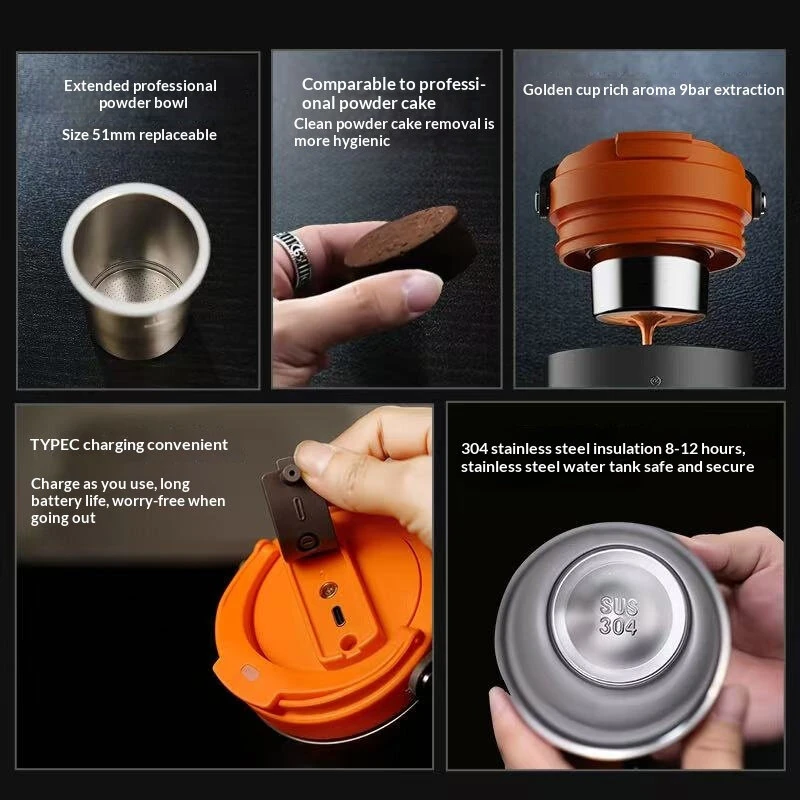 Comfook Portable Electric Espresso Maker Cup 9 Bar Pressure Coffee Brewer Rechargeable Travel Coffee Maker Insulated Stainless Steel For Home Office Outdoor — view 6