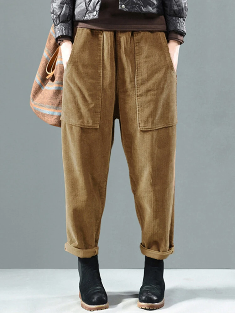 Corduroy Elastic Waist Solid Color Harem Pants — ZANZEA
