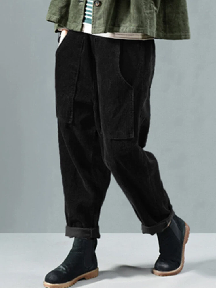 Corduroy Elastic Waist Solid Color Harem Pants — view 10
