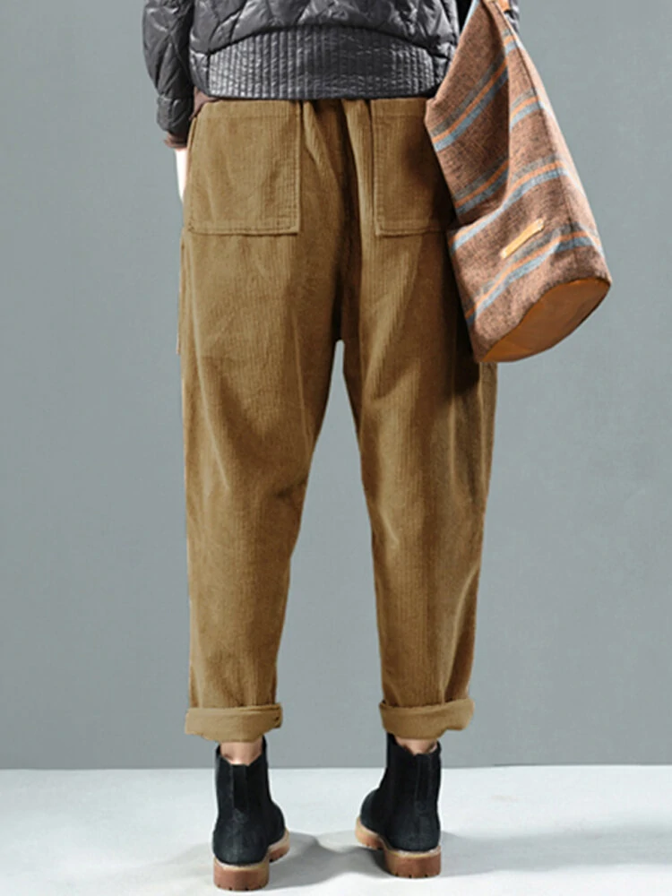 Corduroy Elastic Waist Solid Color Harem Pants — view 2