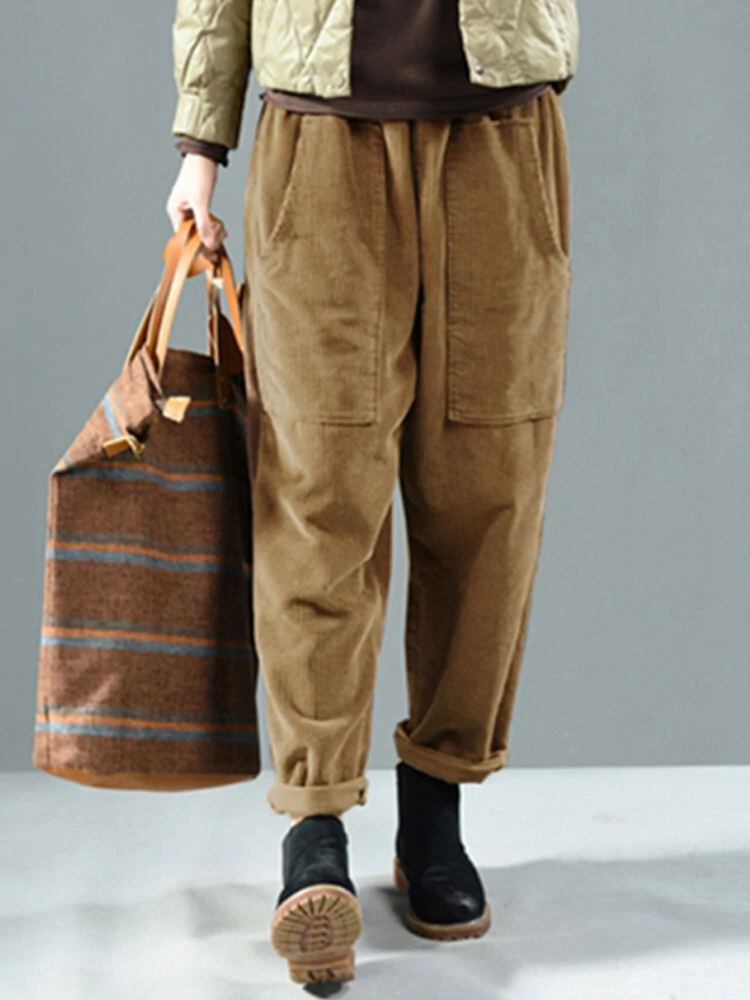Corduroy Elastic Waist Solid Color Harem Pants — view 3