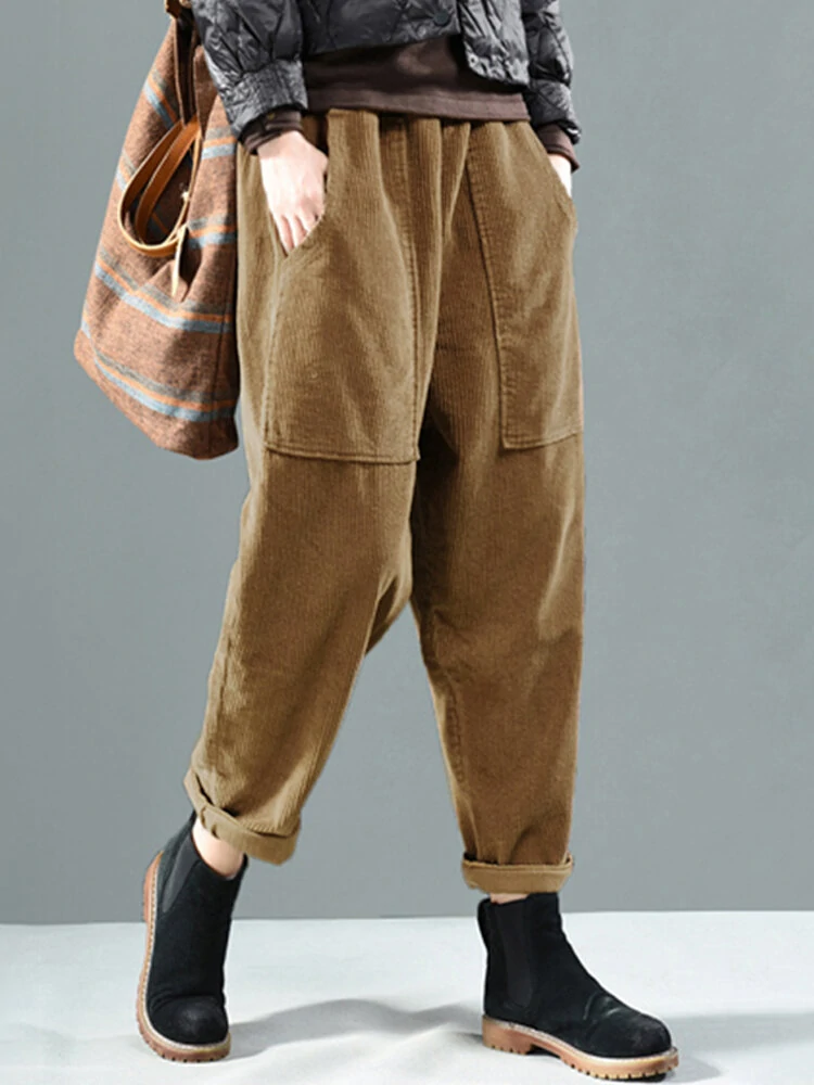 Corduroy Elastic Waist Solid Color Harem Pants — view 4