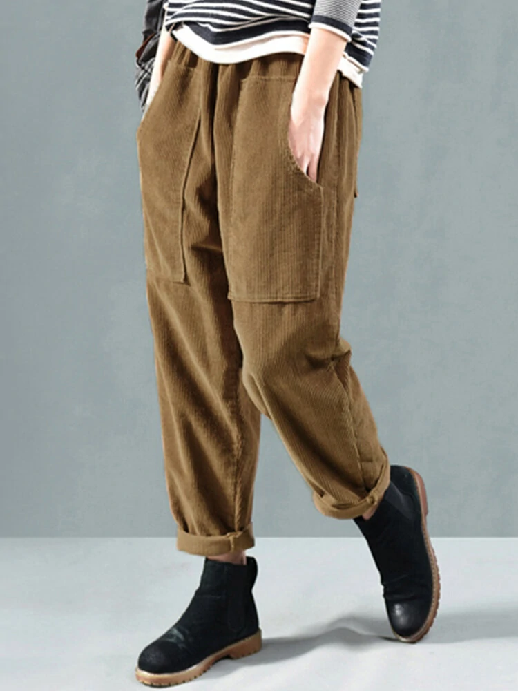 Corduroy Elastic Waist Solid Color Harem Pants — view 5