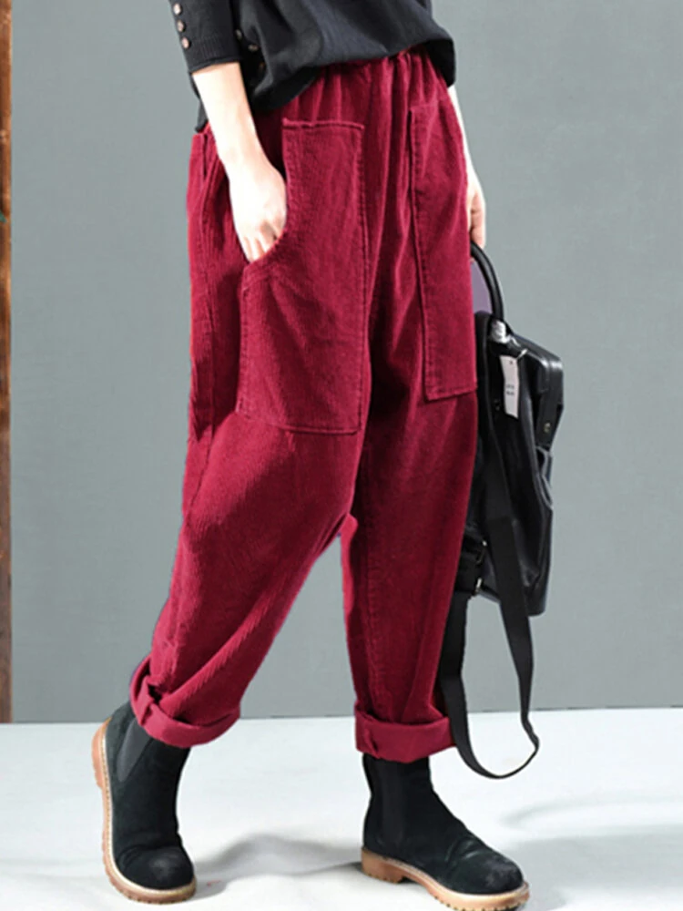 Corduroy Elastic Waist Solid Color Harem Pants — view 6