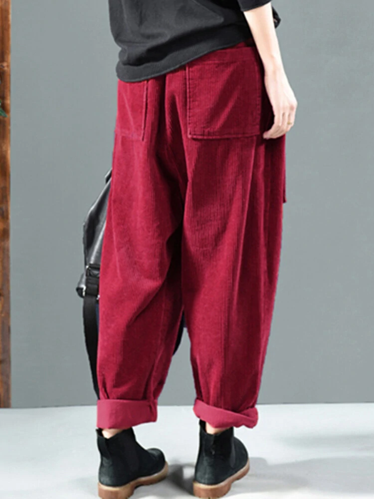 Corduroy Elastic Waist Solid Color Harem Pants — view 7