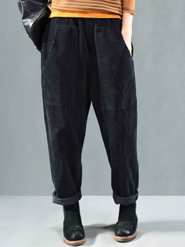 Corduroy Elastic Waist Solid Color Harem Pants — view 8