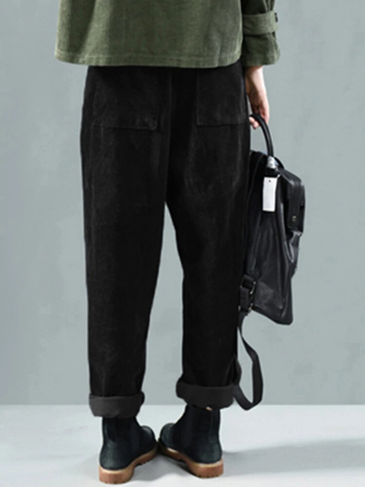 Corduroy Elastic Waist Solid Color Harem Pants — view 9