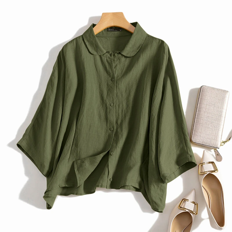 Cotton Solid Button Lapel Ruched Casual Blouse — image 1