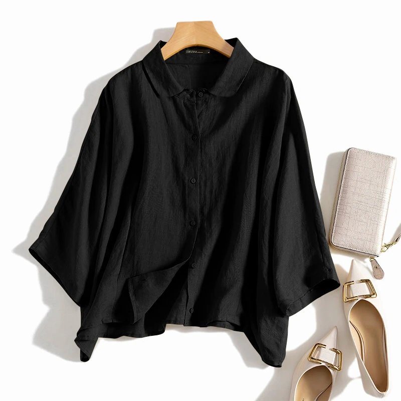 Cotton Solid Button Lapel Ruched Casual Blouse — view 2
