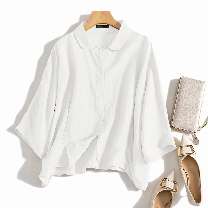 Cotton Solid Button Lapel Ruched Casual Blouse — view 3