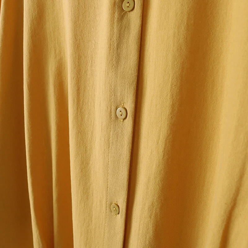 Cotton Solid Button Lapel Ruched Casual Blouse — view 6