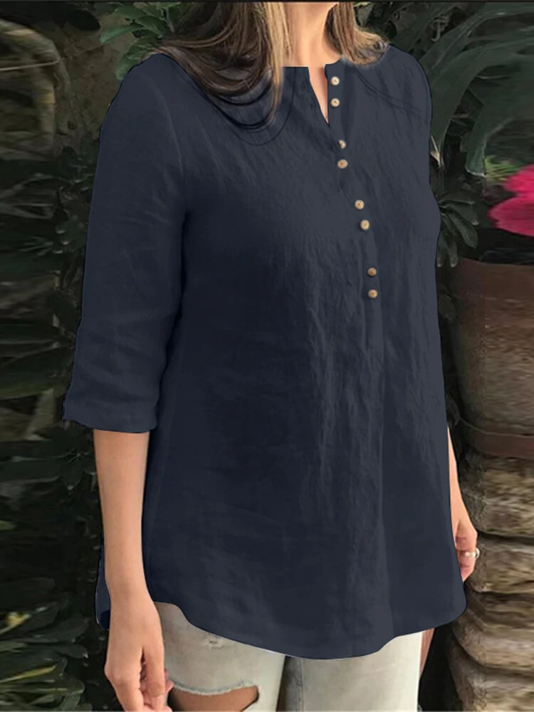 Cotton Solid Button Ruched High-Low Hem Casual Blouse — ZANZEA